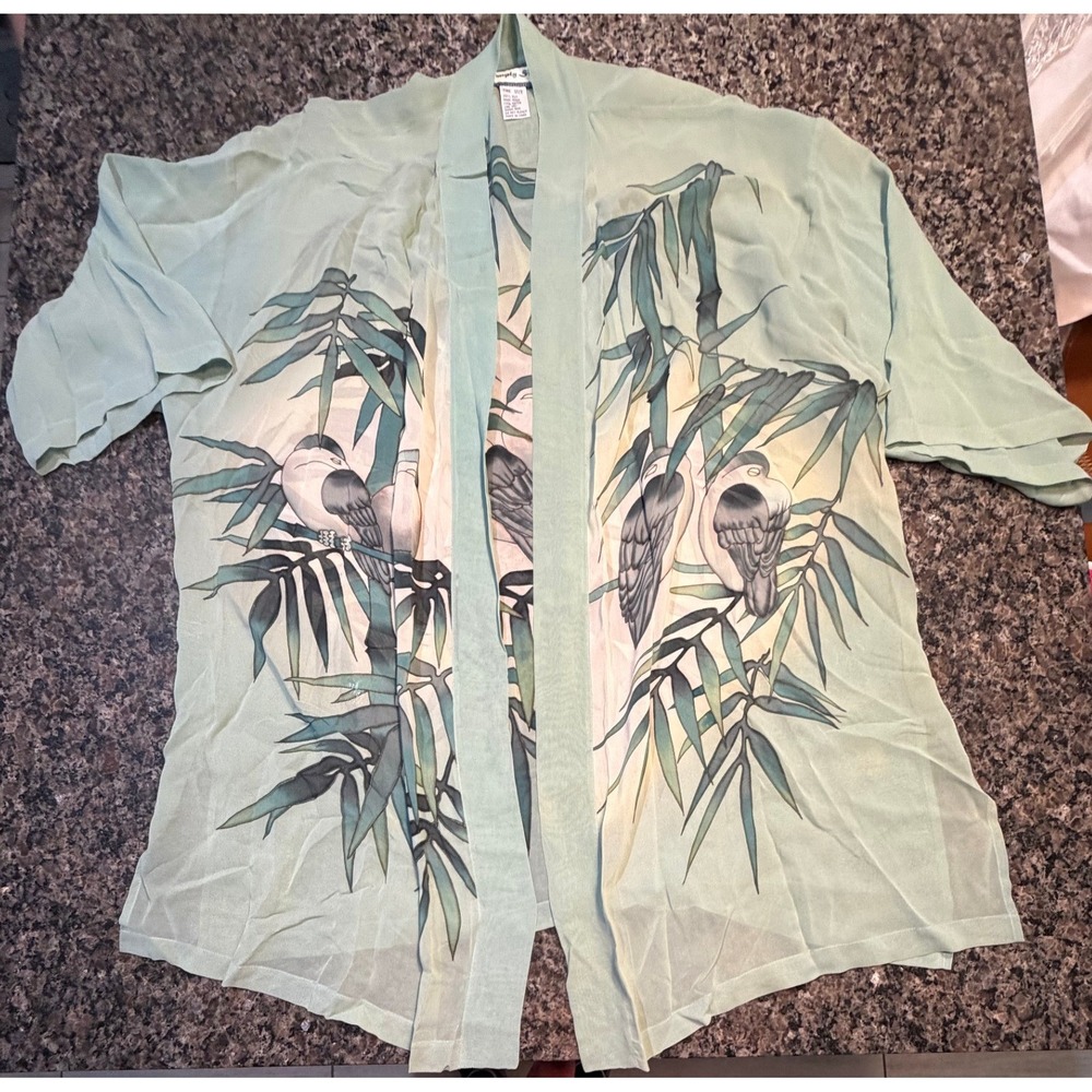 Vintage Simply Silk Chiffon Kimono Cover-Up Sheer One Size Floral Art To Wear